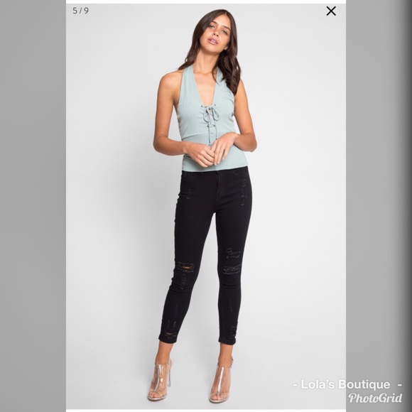 Mint Ribbed Halter Top - Picture 3 of 6